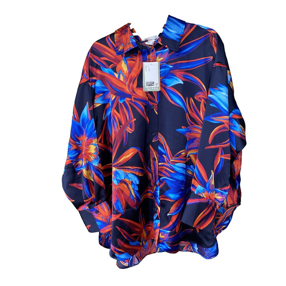 H&M NWOT Colorful Floral Faux Wrap Wide Leg Palazzo Satin Pants XL & Large Shirt - Picture 3 of 16